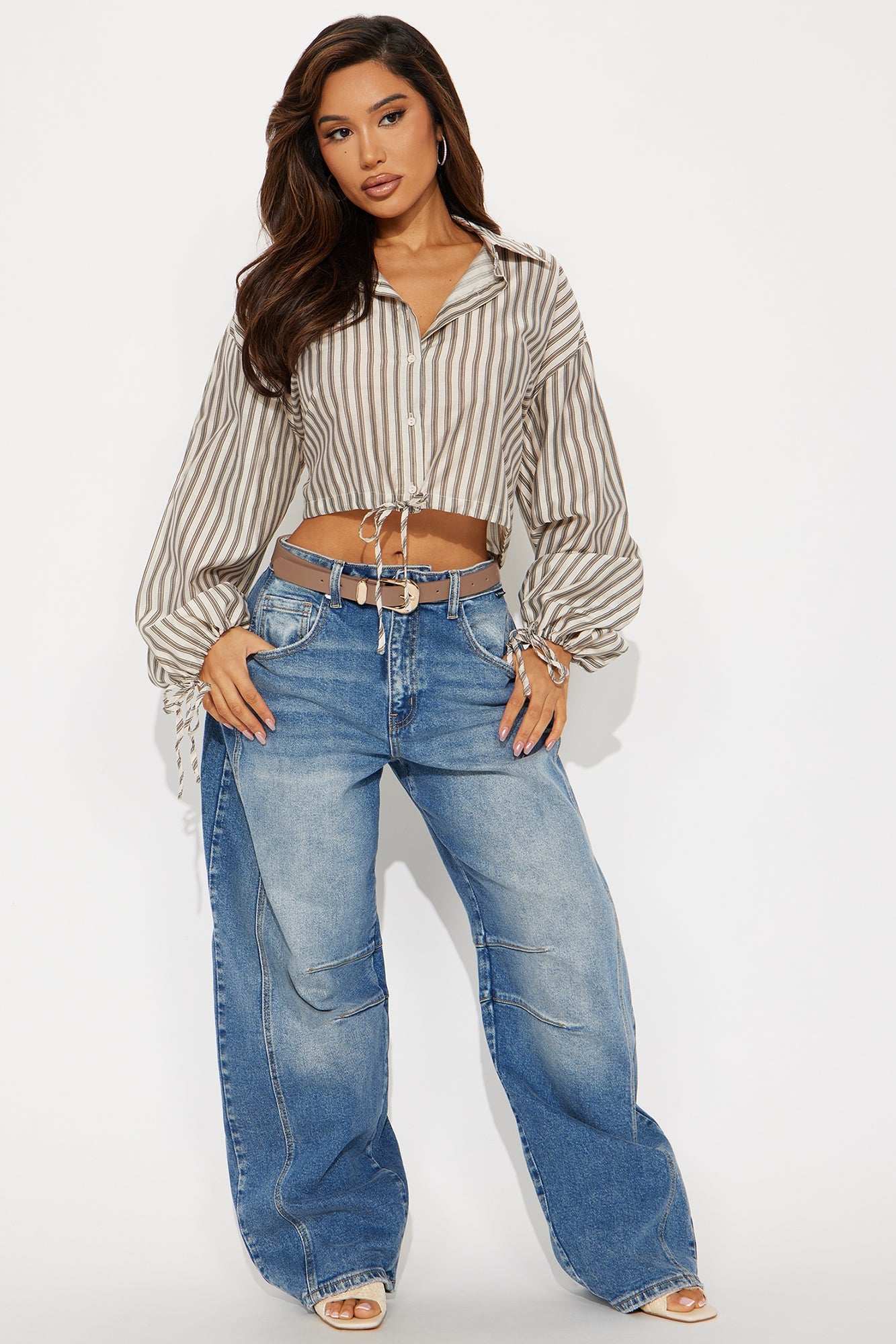 Karena Striped Button Up Shirt - Taupe/combo