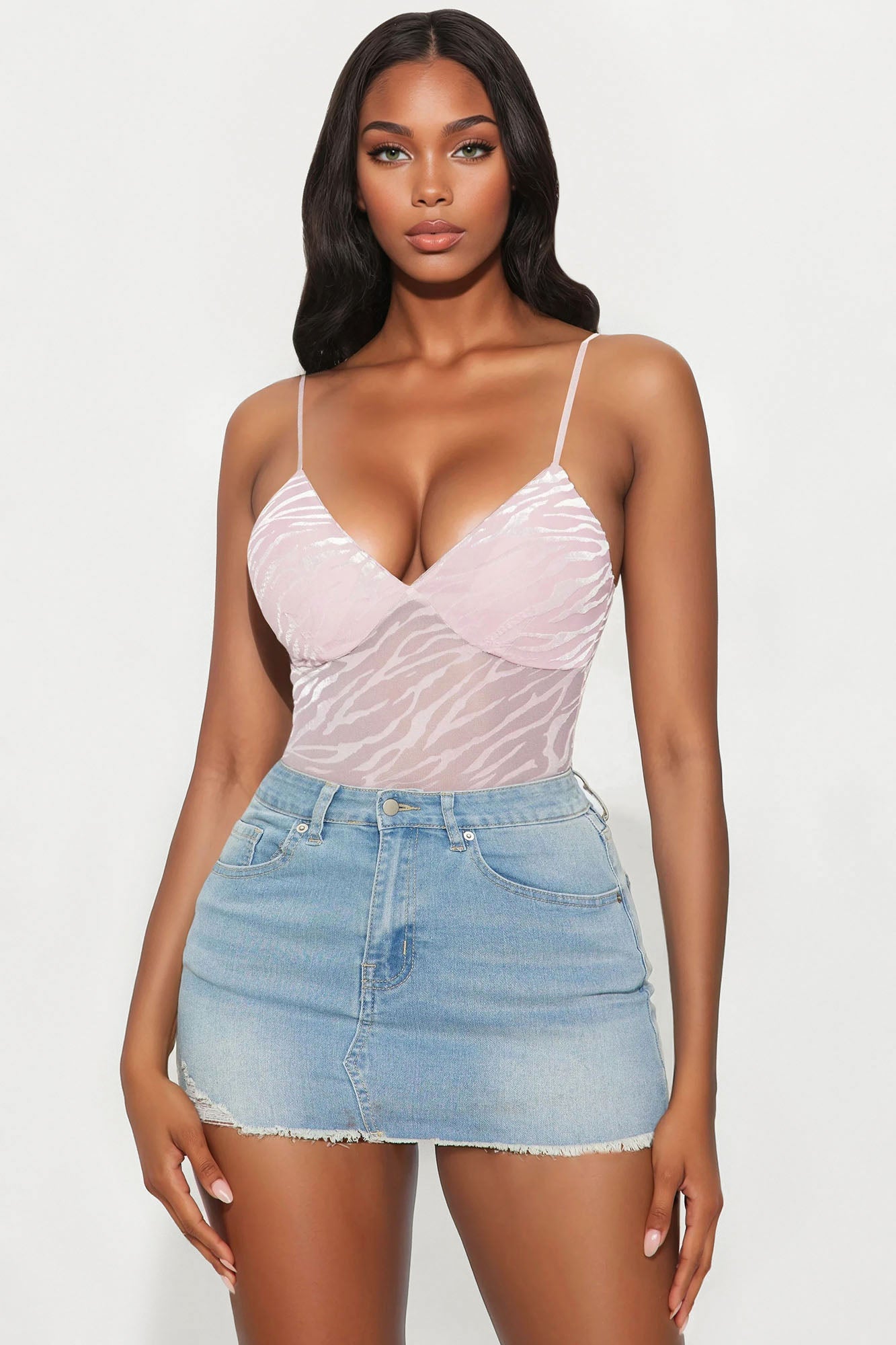 Deep Reveal Flocked Mesh Bodysuit - Pink