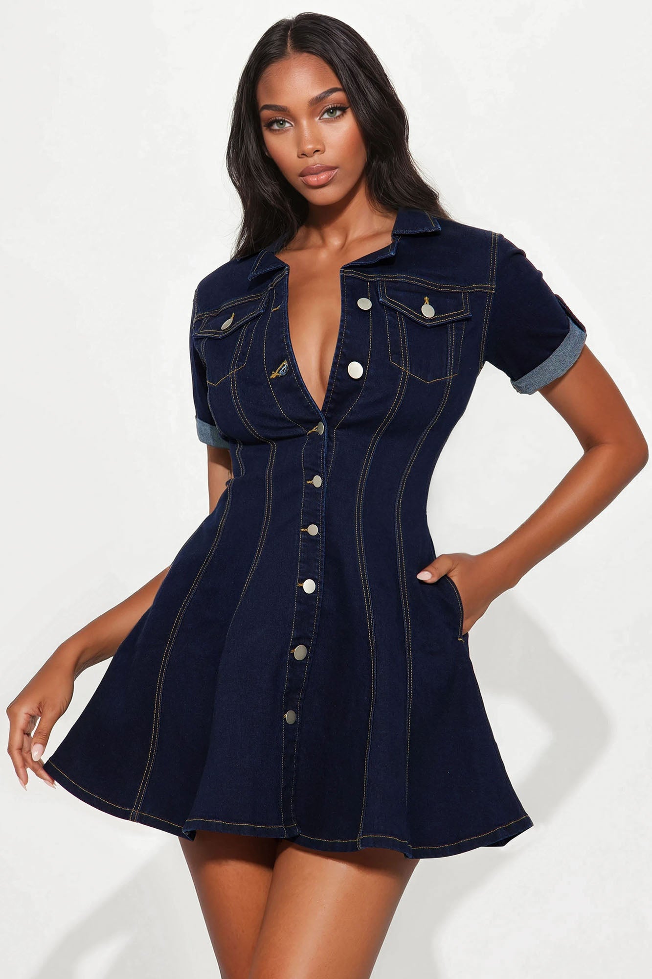 Raven Stretch Denim Mini Dress - Dark Wash