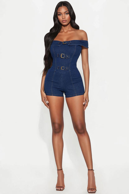 Leigh Buckle Denim Romper - Dark Wash