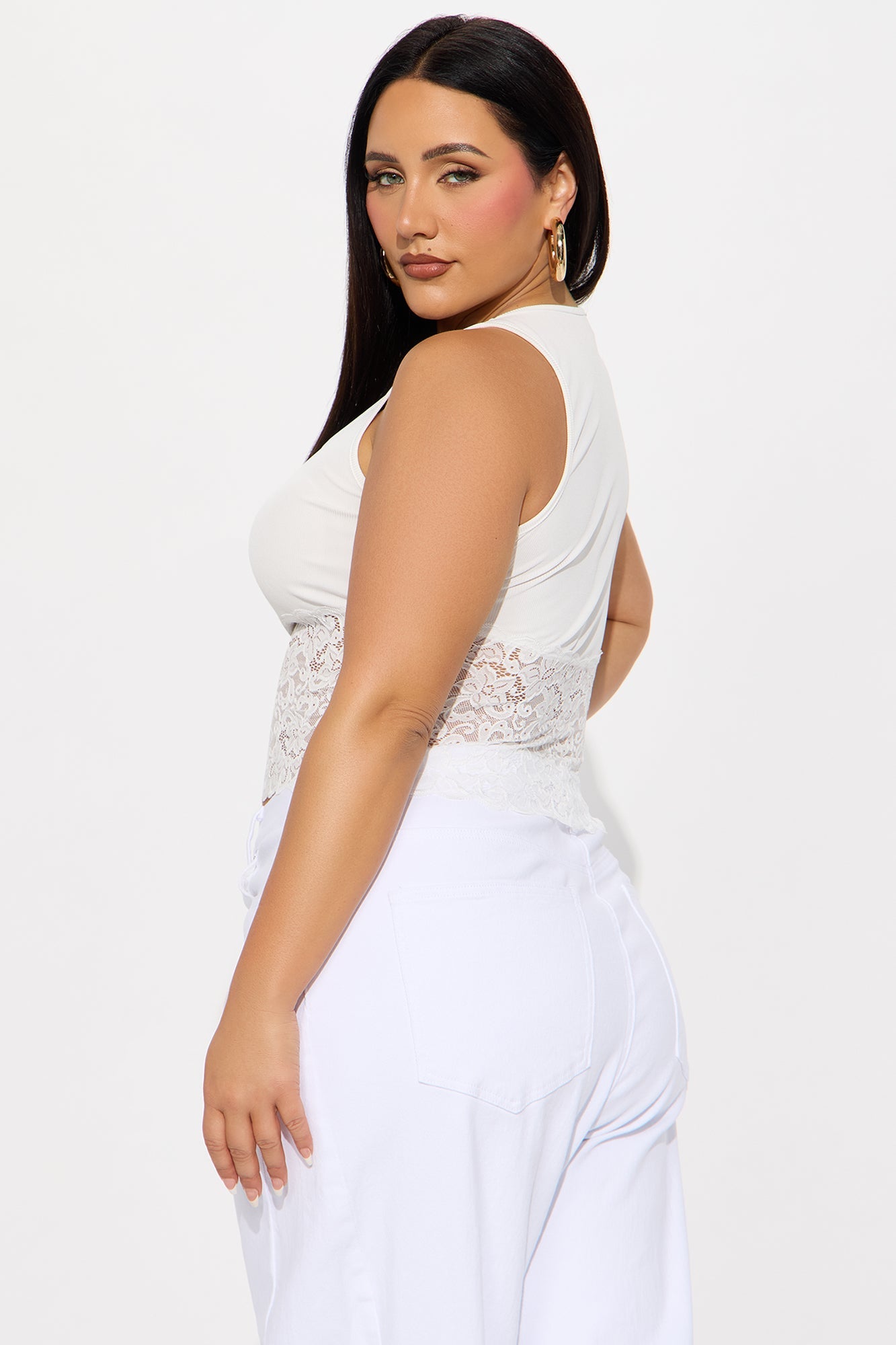 Katalina Ribbed Lace Trim Tank Top - Ivory