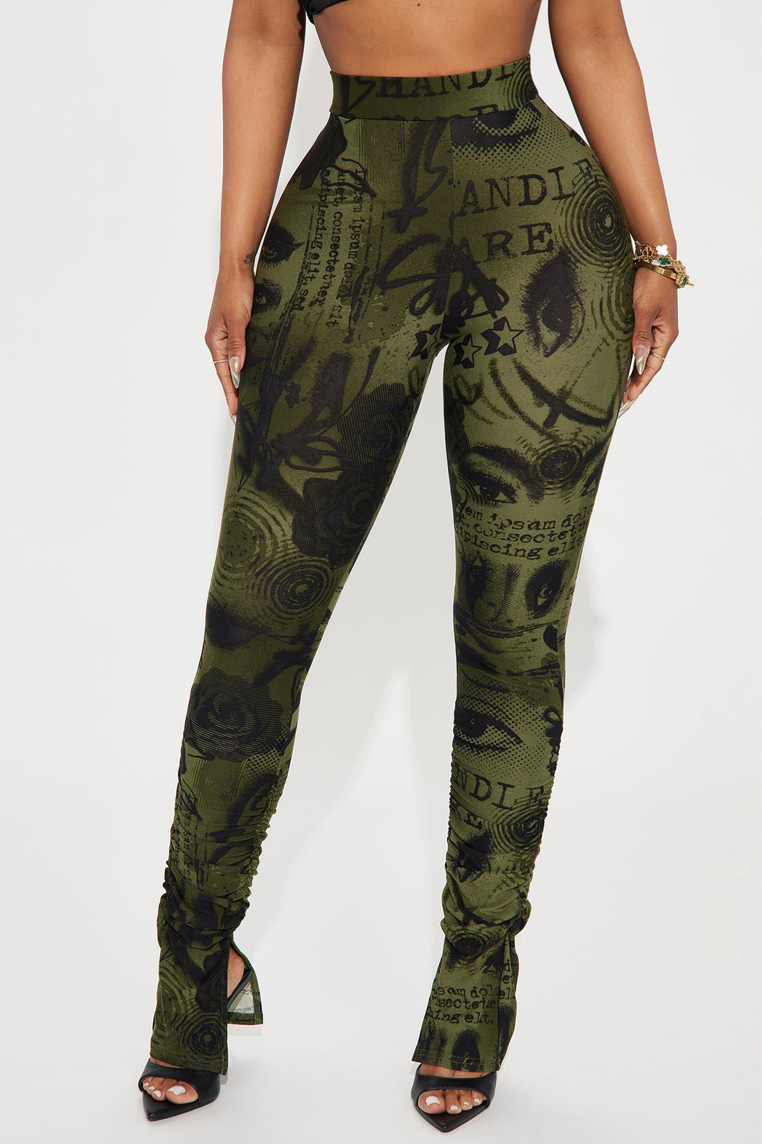 Watch Out Printed Stacked Pant - Olive/combo