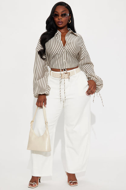 Karena Striped Button Up Shirt - Taupe/combo