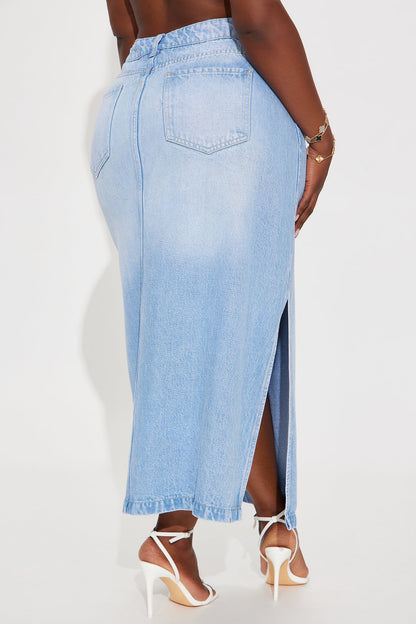Pepper Denim Dual Side Slit Ankle Maxi Skirt - Light Wash