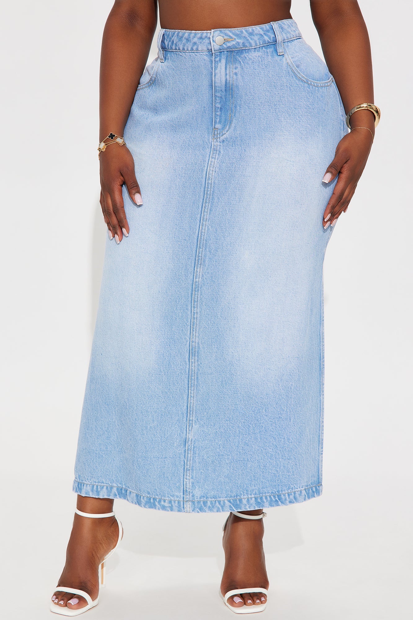 Pepper Denim Dual Side Slit Ankle Maxi Skirt - Light Wash