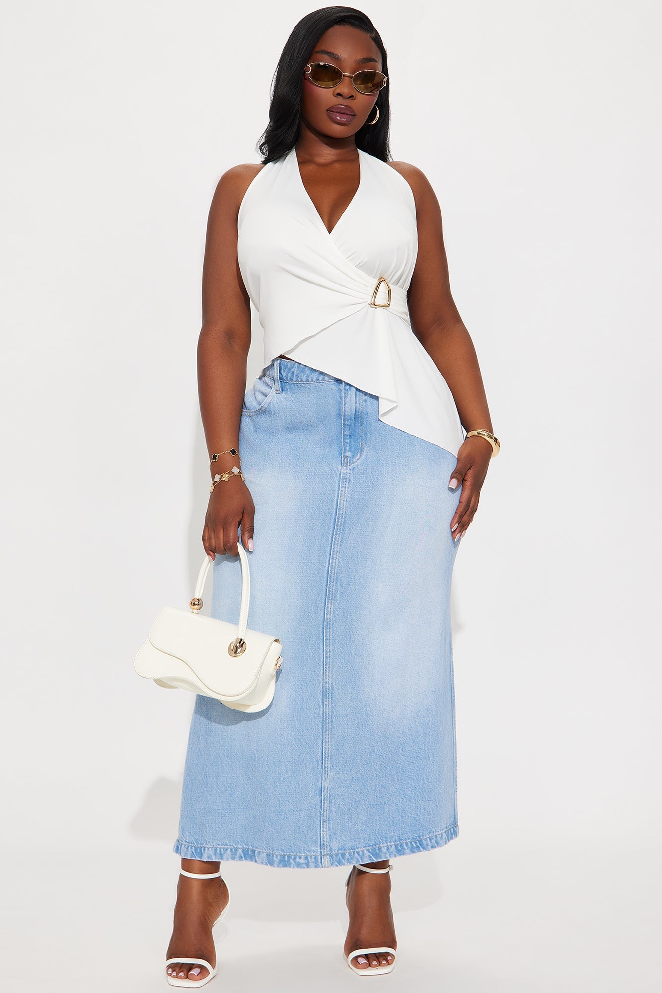 Pepper Denim Dual Side Slit Ankle Maxi Skirt - Light Wash