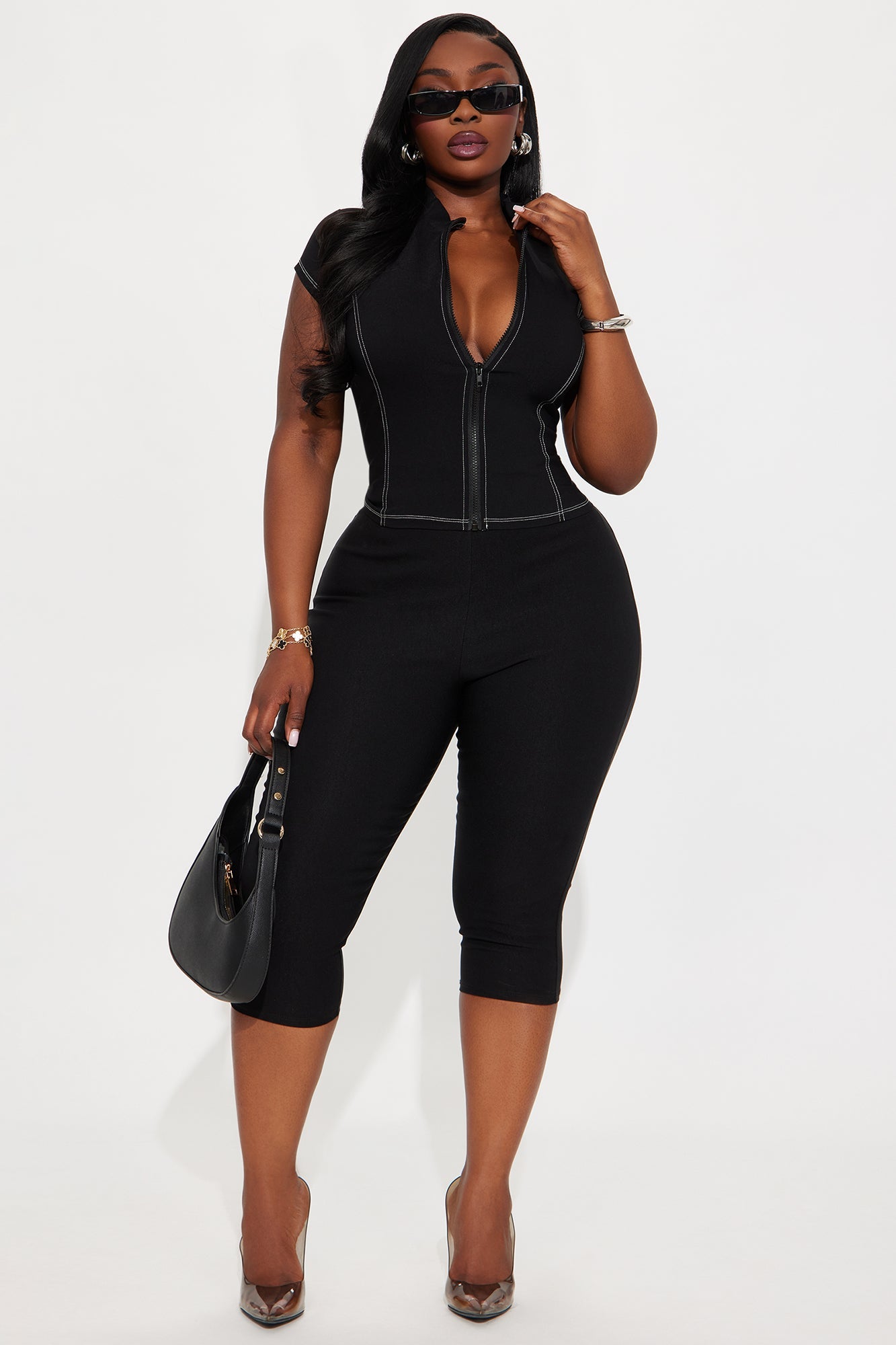 Local Girly Zip Up Mock Neck Top - Black