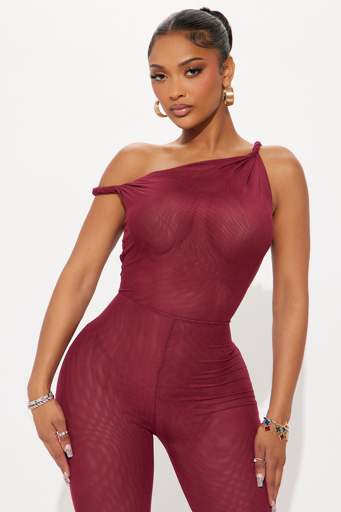 Myla Double Lined Mesh Jumpsuit - Burgundy