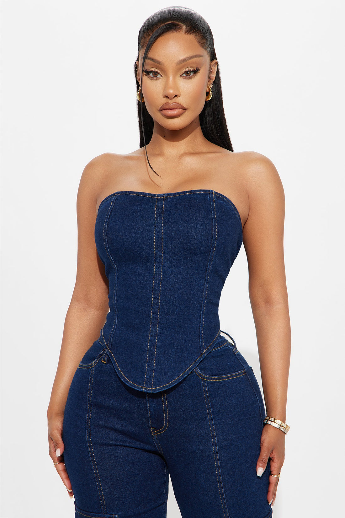 Denim Rebel Tube Top Wide Leg Pant Set - Dark Denim