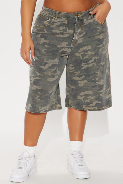 Such A Trooper Camo Denim Jorts - Olive