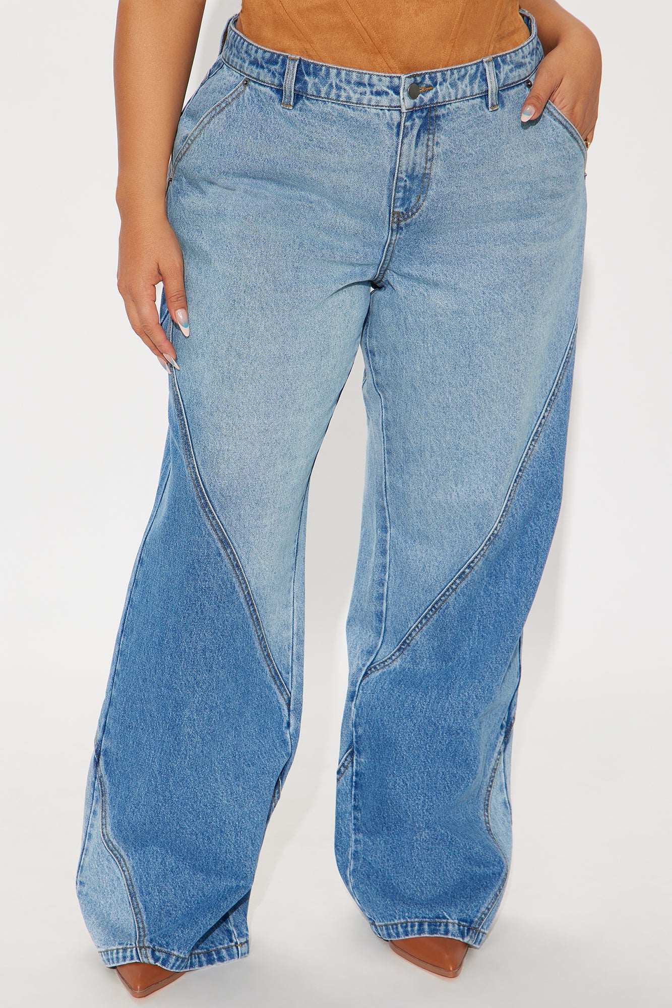 Oui Oui Two Tone Wide Leg Jeans - Light Blue Wash