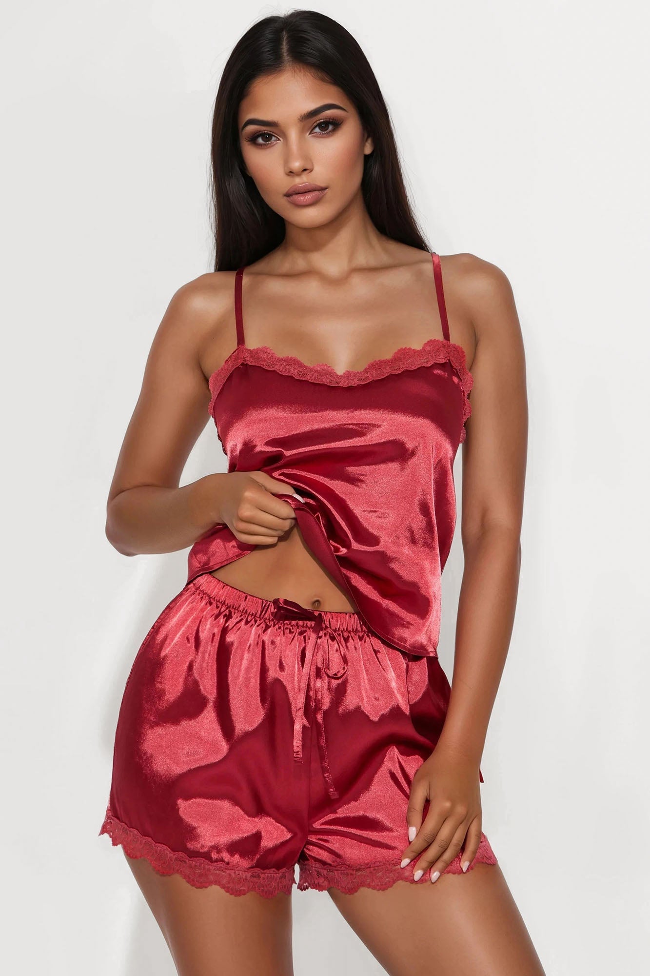 Like A Princess Satin PJ Short Set - DarkRed
