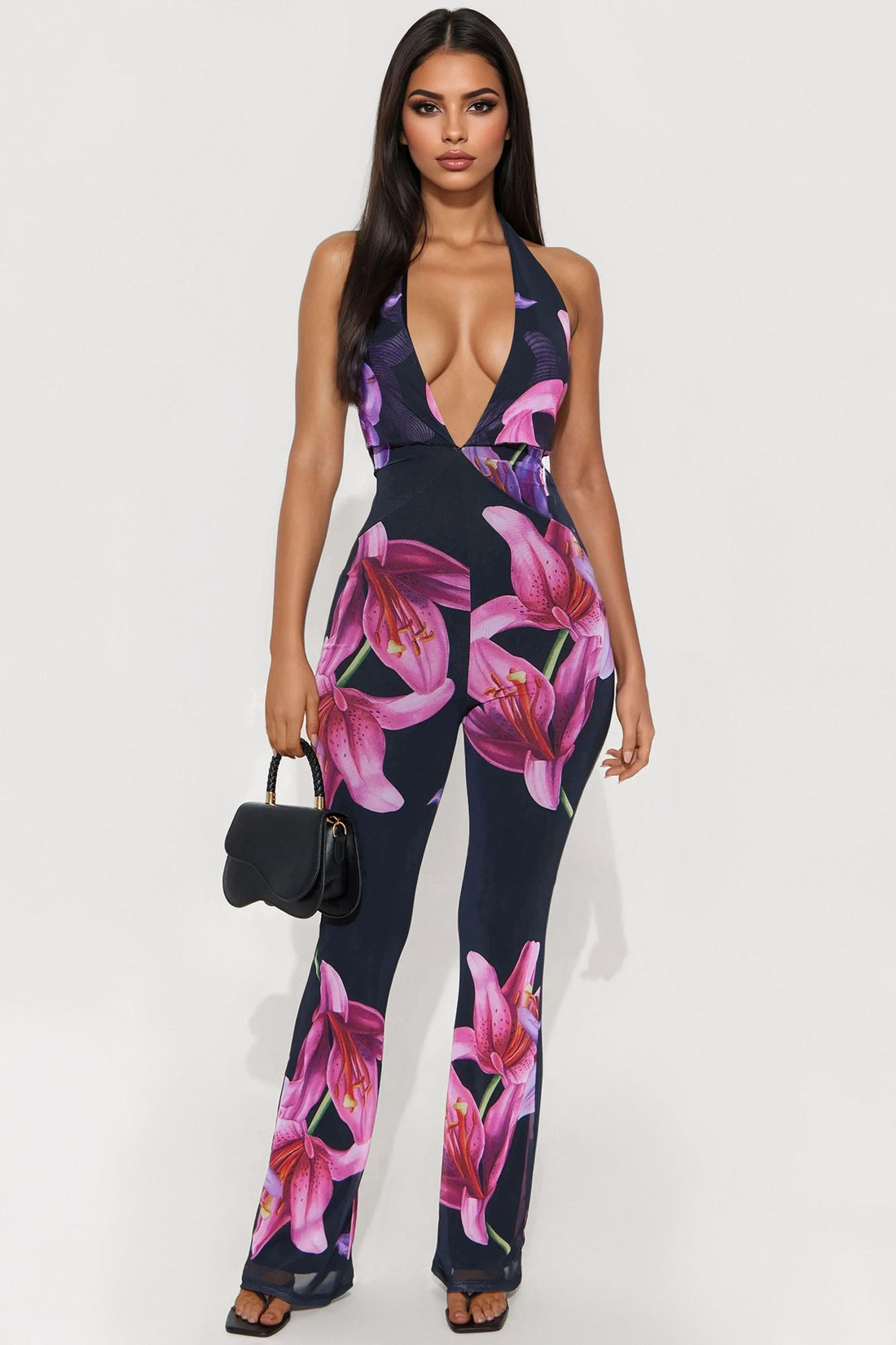 Mia Floral Backless Mesh Jumpsuit - Black/Pink