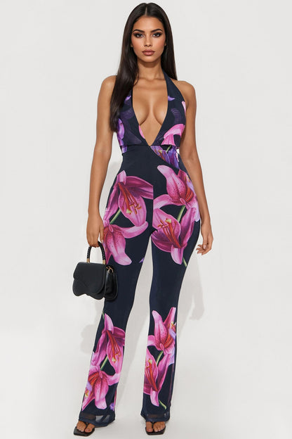 Mia Floral Backless Mesh Jumpsuit - Black/Pink