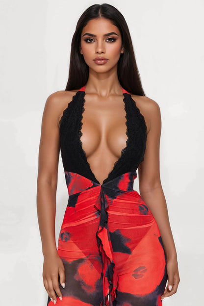 Rosemary Halter Mesh Jumpsuit - Red/Black