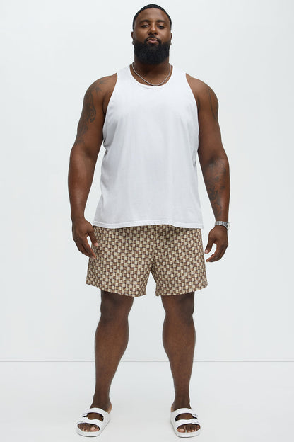 Weave Printed Swim Mid Trunk - Brown Combo