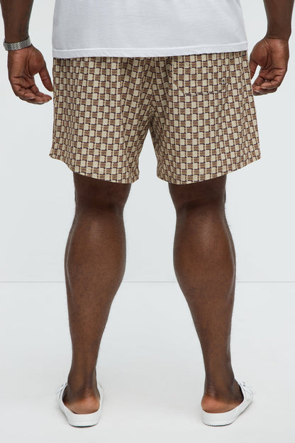 Weave Printed Swim Mid Trunk - Brown Combo