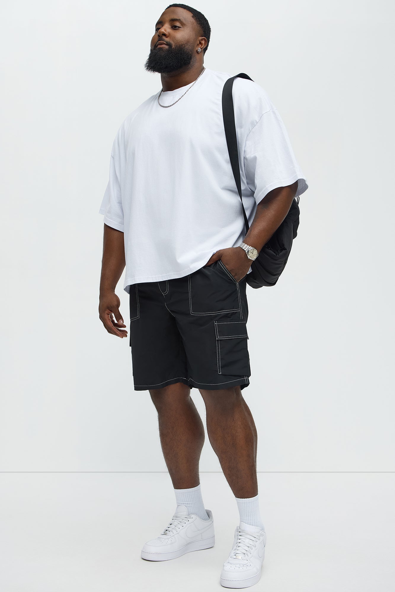 Contrast Stitch Nylon Cargo Short - Black