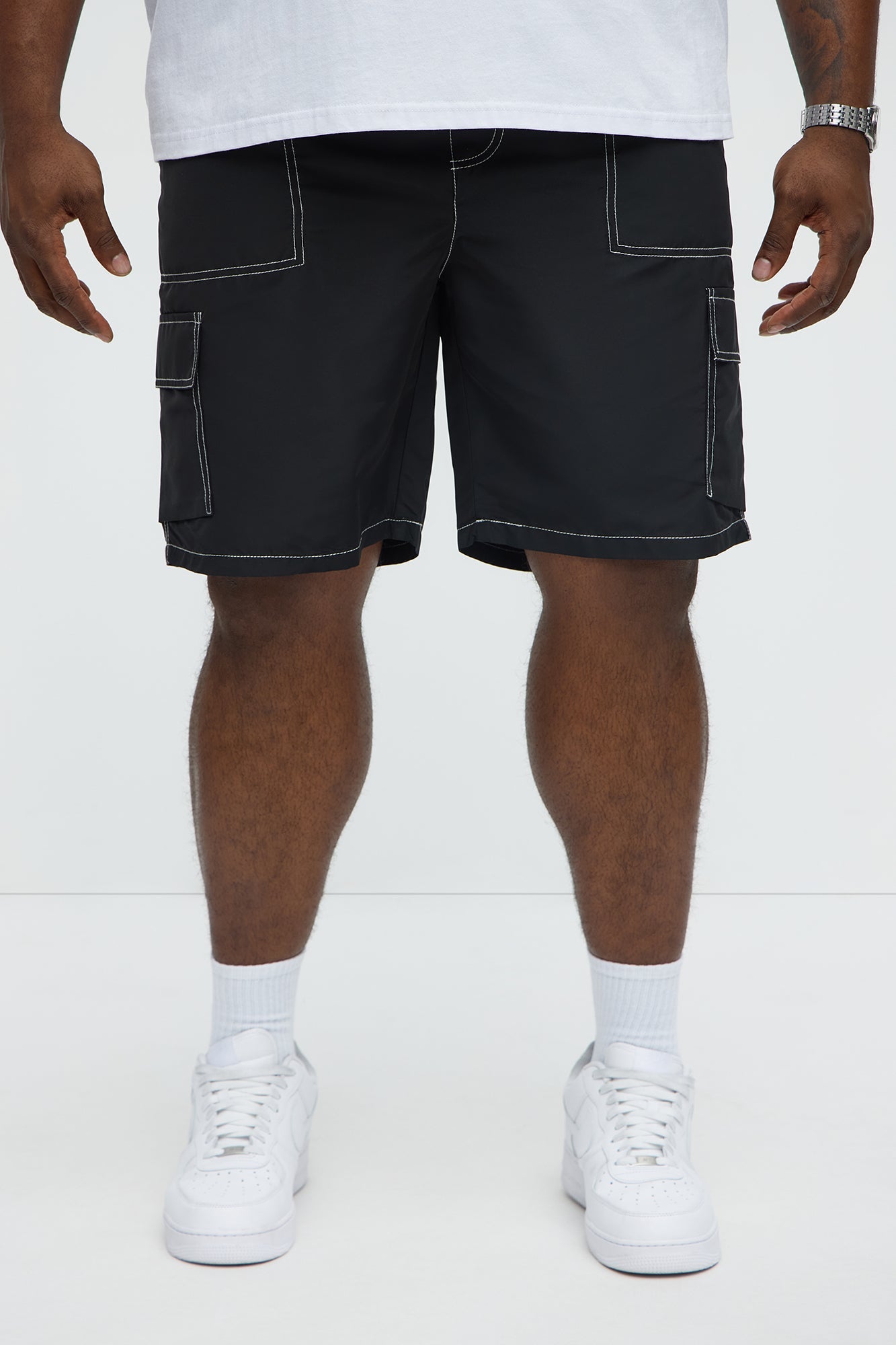 Contrast Stitch Nylon Cargo Short - Black