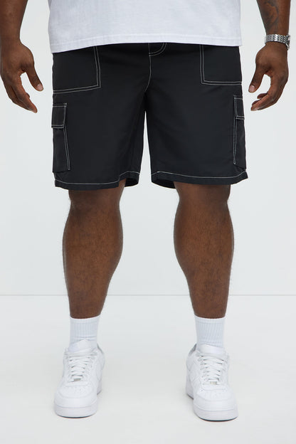 Contrast Stitch Nylon Cargo Short - Black