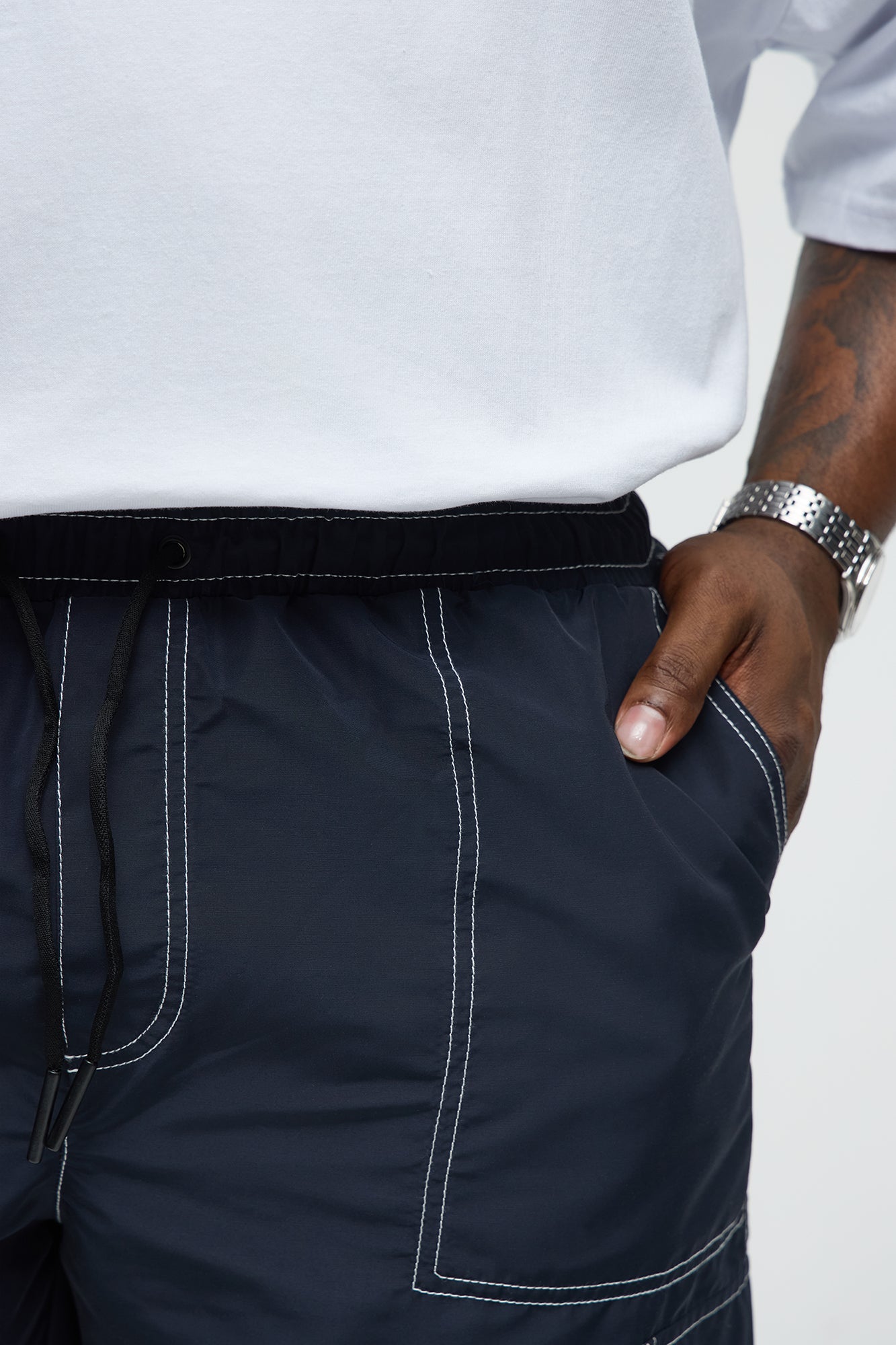 Contrast Stitch Nylon Cargo Short - Blue