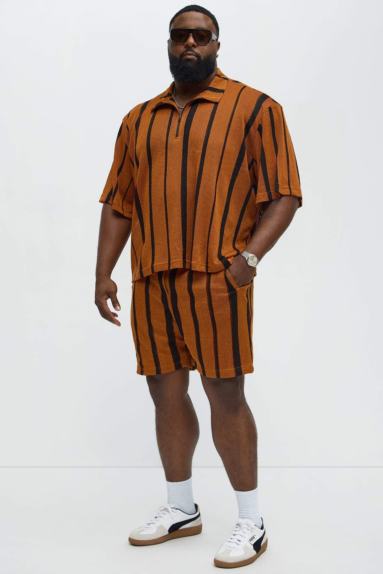 Open Knit Striped Textured Relaxed Short - Brown