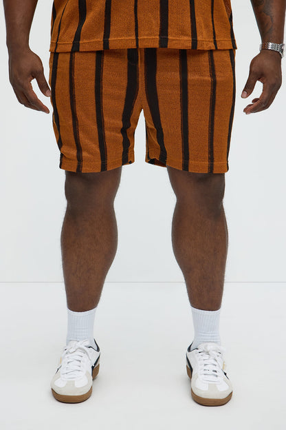 Open Knit Striped Textured Relaxed Short - Brown