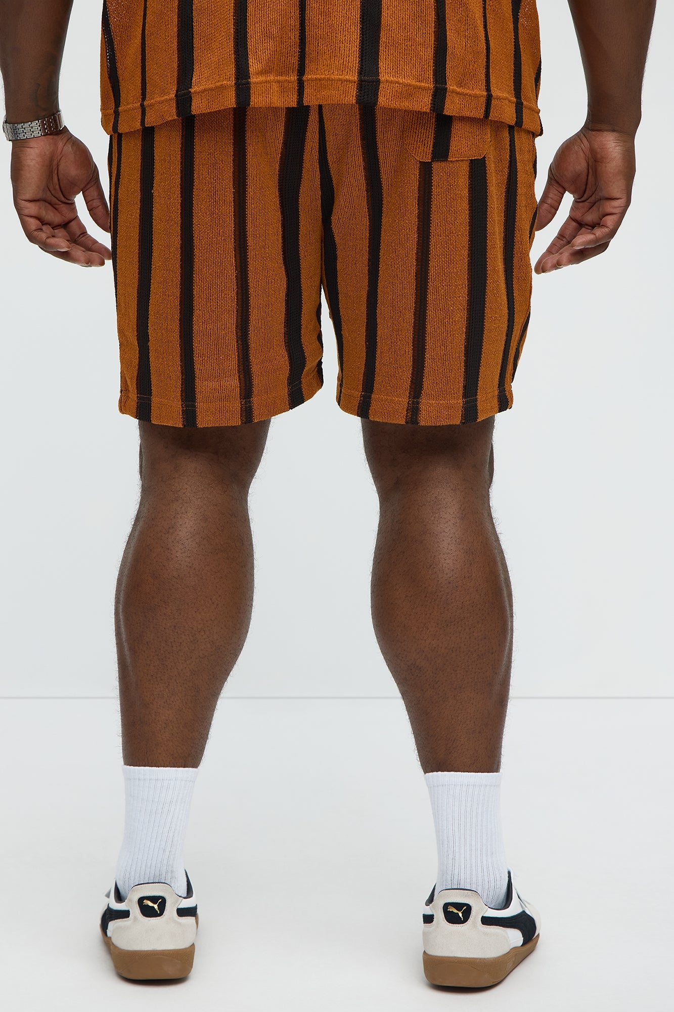 Open Knit Striped Textured Relaxed Short - Brown