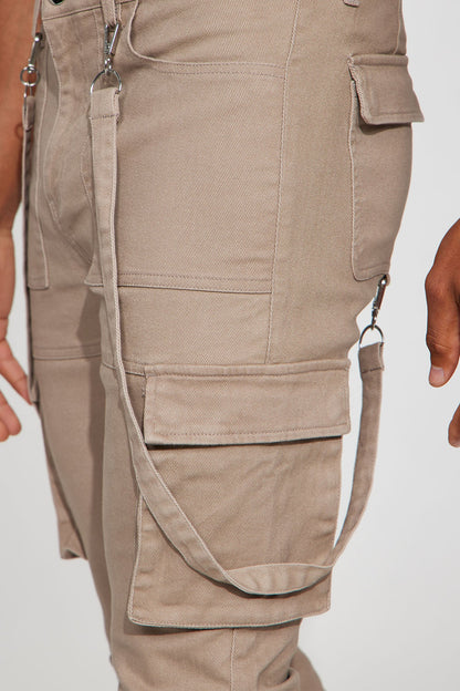 Strapped In Cargo Stacked Skinny Flare Jeans - Taupe