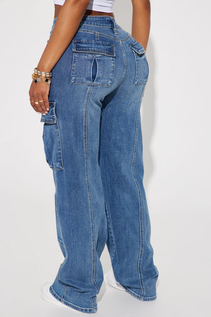 Say It Now Stretch Straight Leg Cargo Jeans - Dark Wash