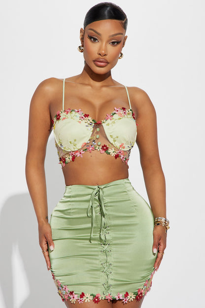 Frenzy Flower Satin Skirt Set - Green