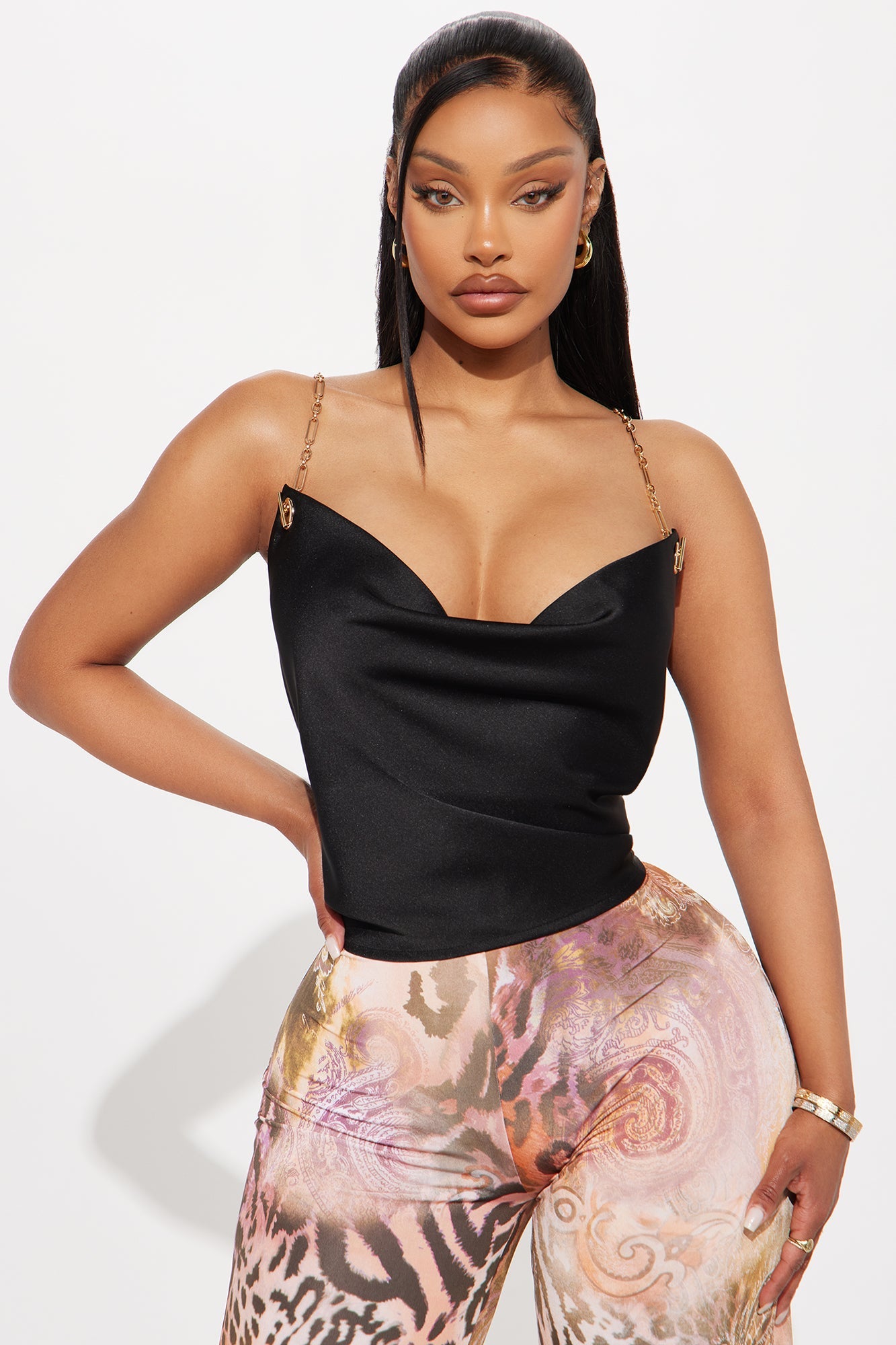 Bombshell Chain Strap Satin Top - Black