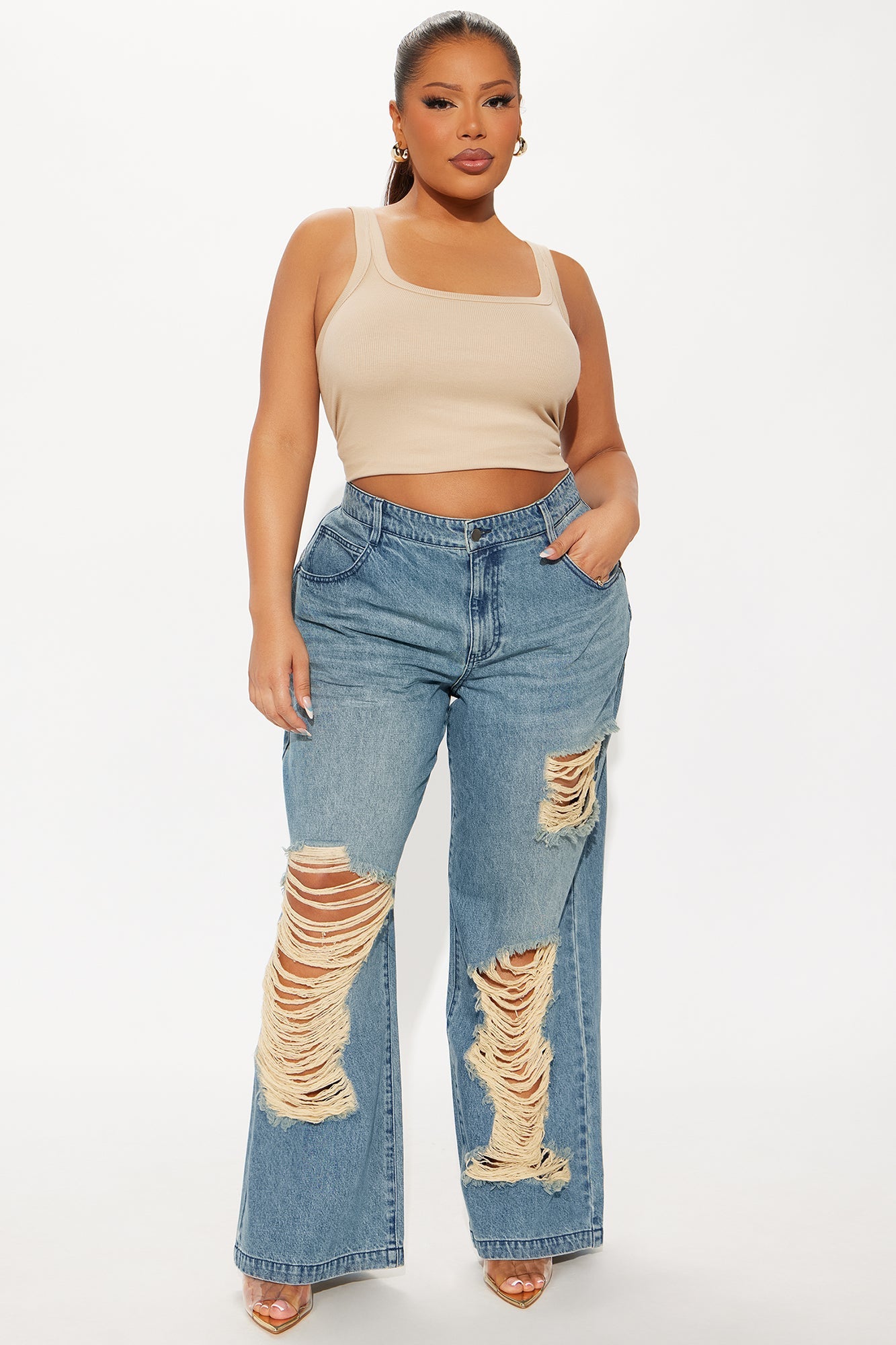 Cleo Ripped Wide Leg Jeans - Vintage Wash