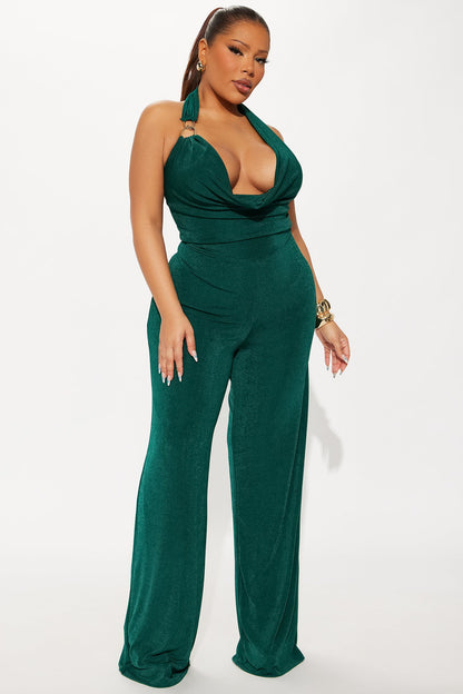 Wave Sounds Slinky Halter Jumpsuit - Hunter