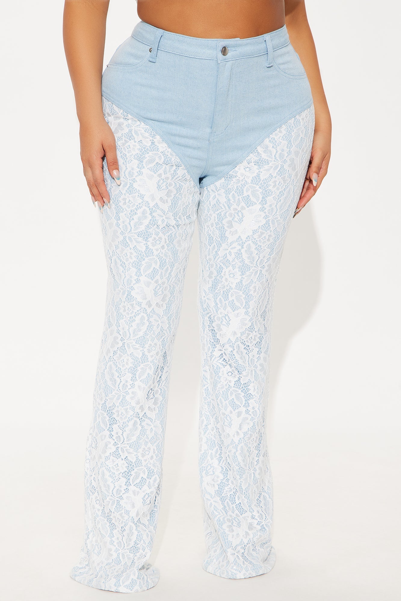 Making Big Plans Stretch Lace Detail Flare Jeans - Light Wash