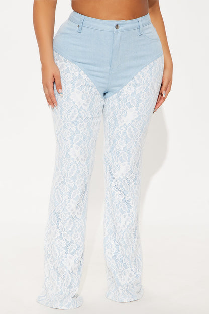 Making Big Plans Stretch Lace Detail Flare Jeans - Light Wash