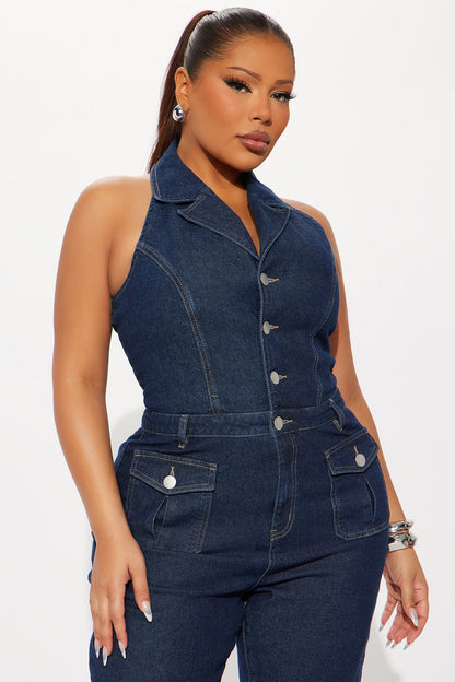 Bellamy Denim Flare Jumpsuit - Dark Wash