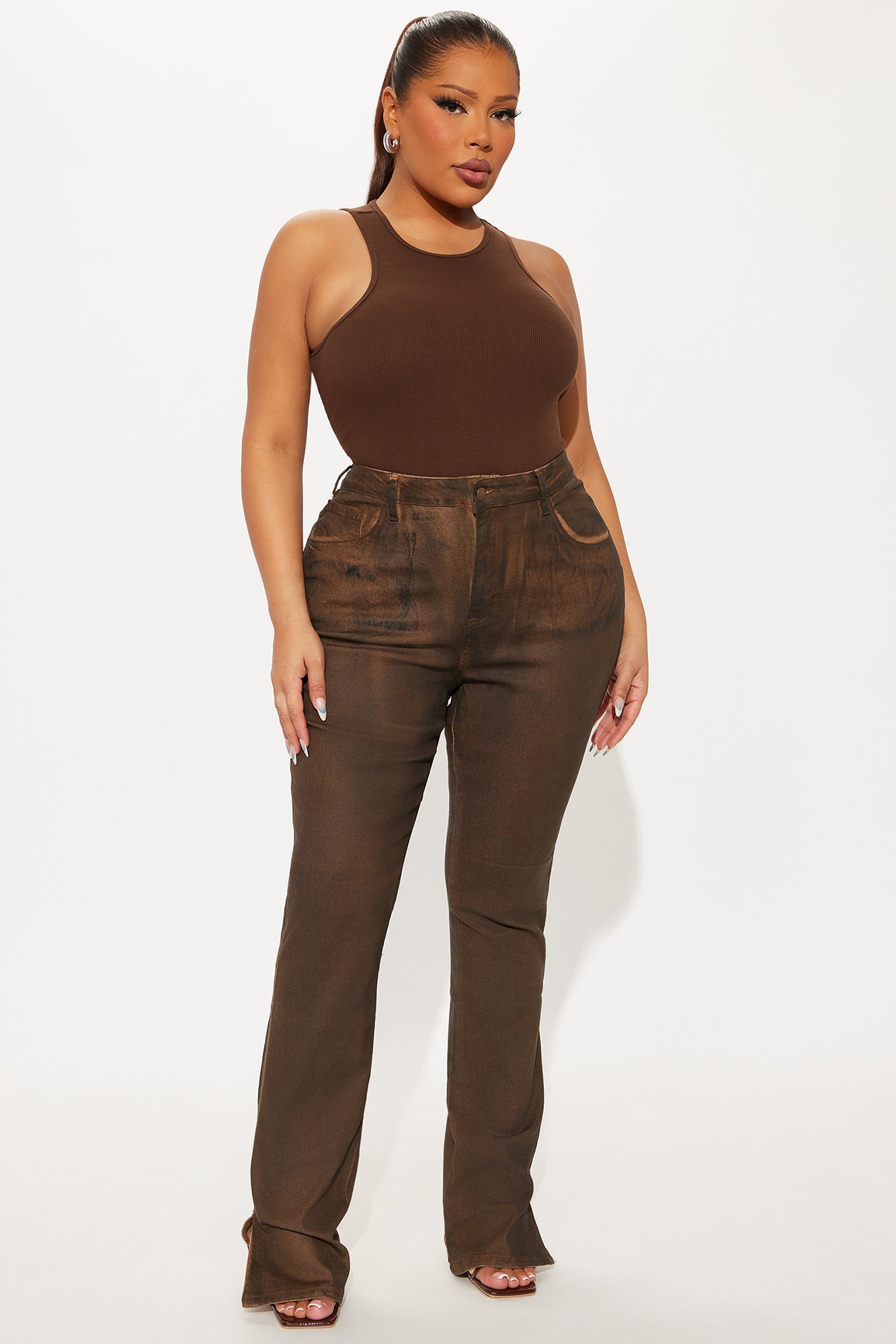 Bronzed Babe Coated Bootcut Jeans - Brown