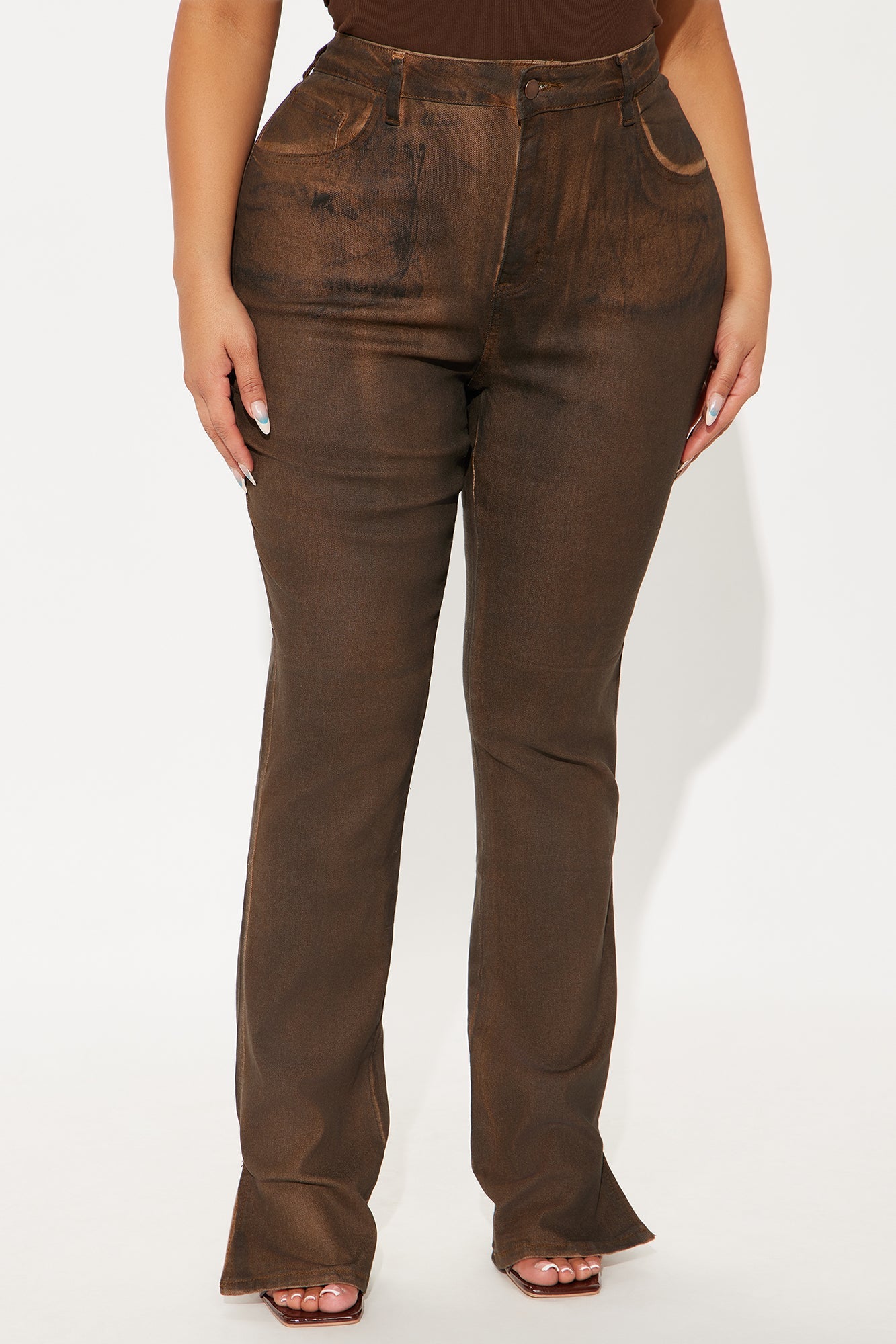 Bronzed Babe Coated Bootcut Jeans - Brown