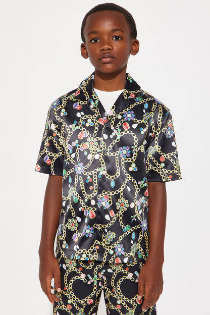 Mini Tidal Jewels Printed Cuban Collar Button Up Shirt - Black/combo