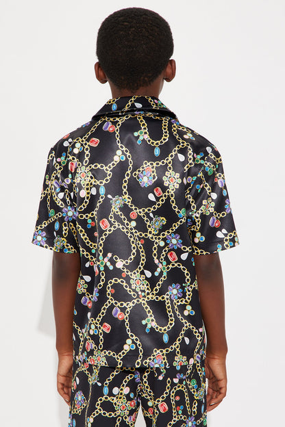 Mini Tidal Jewels Printed Cuban Collar Button Up Shirt - Black/combo