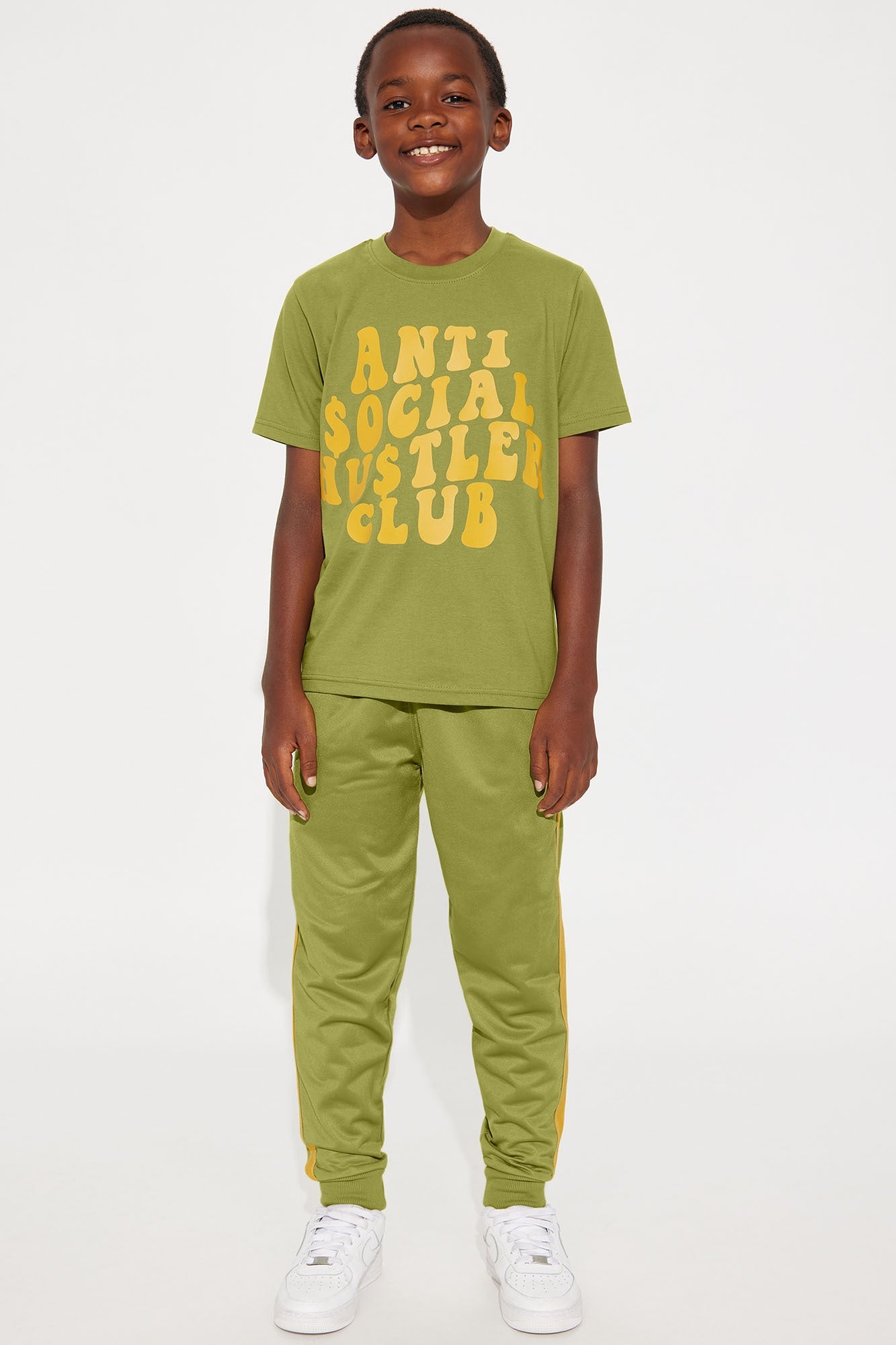 Mini Anti Social Hustler Club T-Shirt And Pant Set - Olive/combo