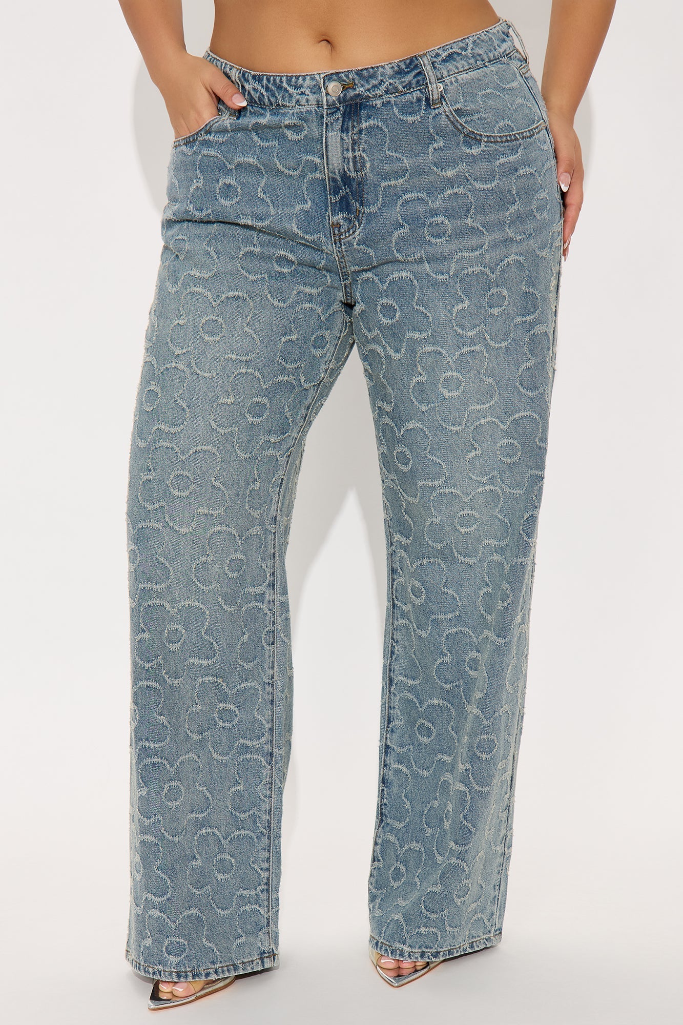Flower Power Jacquard Wide Leg Jeans - Medium Wash