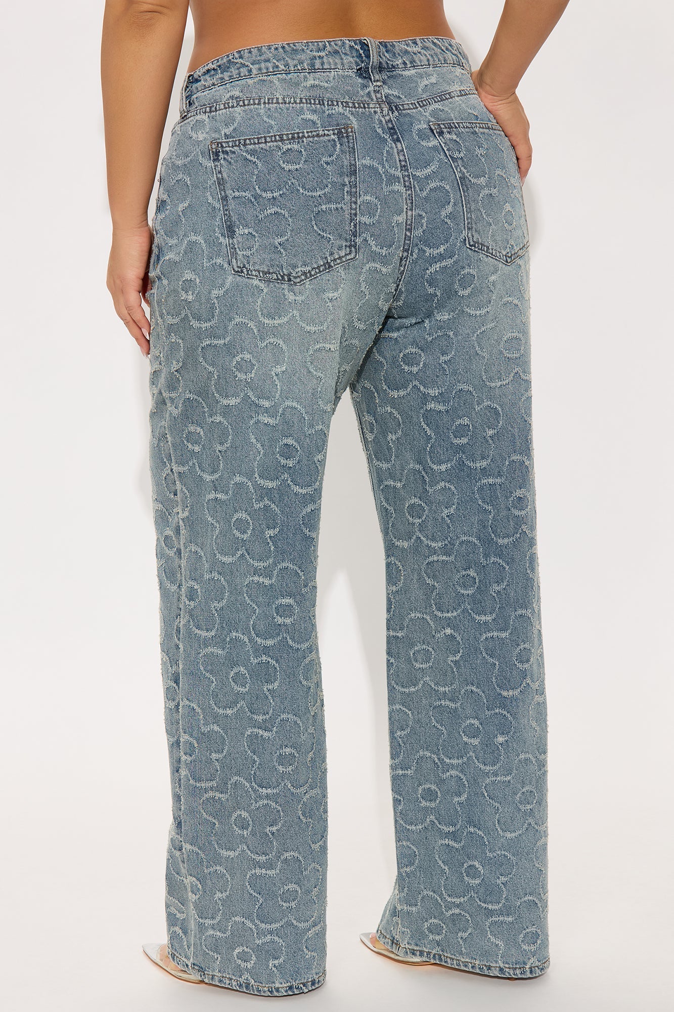 Flower Power Jacquard Wide Leg Jeans - Medium Wash