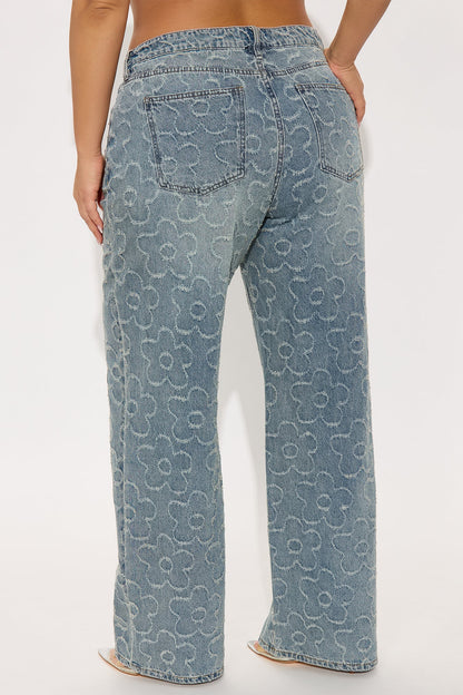 Flower Power Jacquard Wide Leg Jeans - Medium Wash
