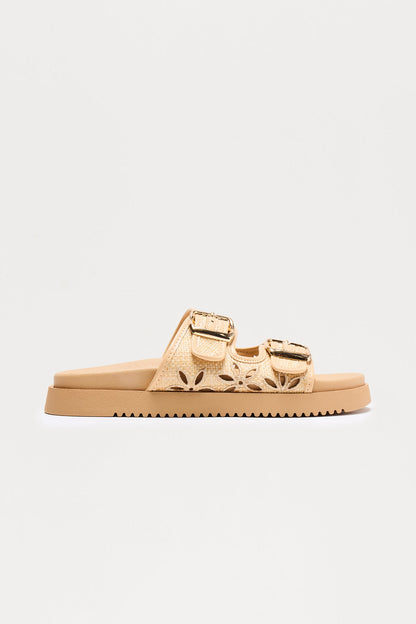 Lowell Buckle Slip On Sandals - Beige