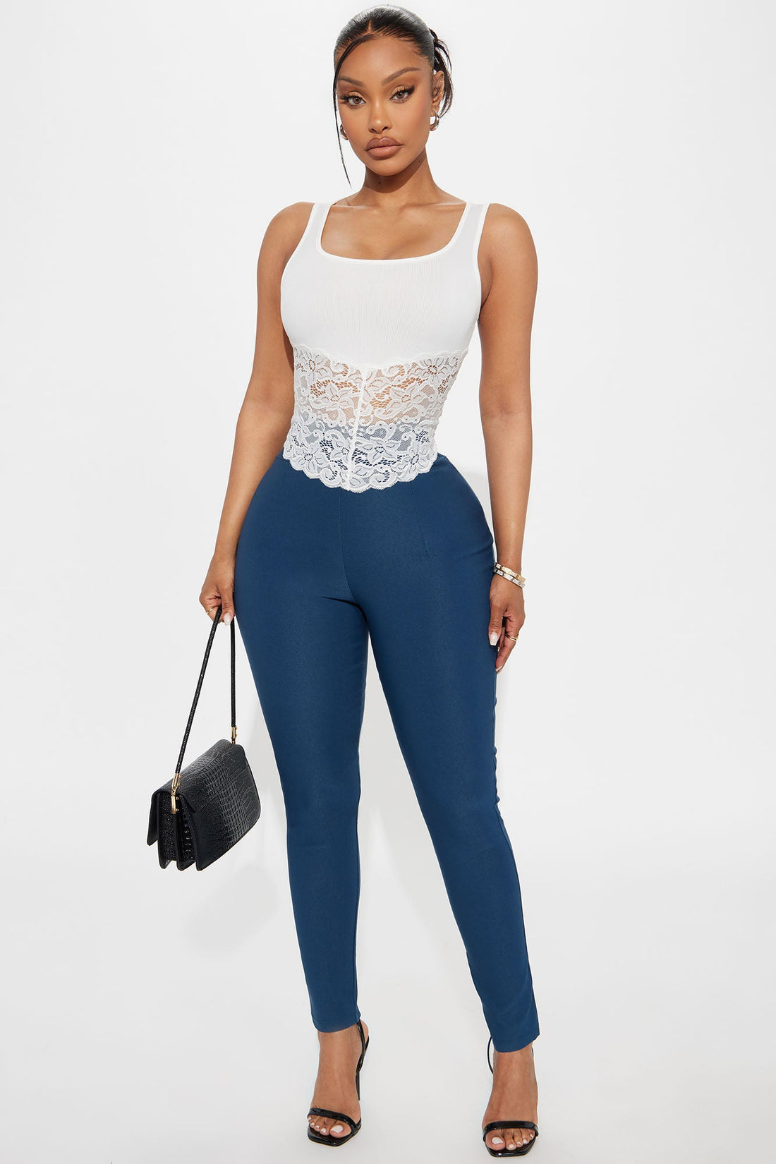 Katalina Ribbed Lace Trim Tank Top - Ivory