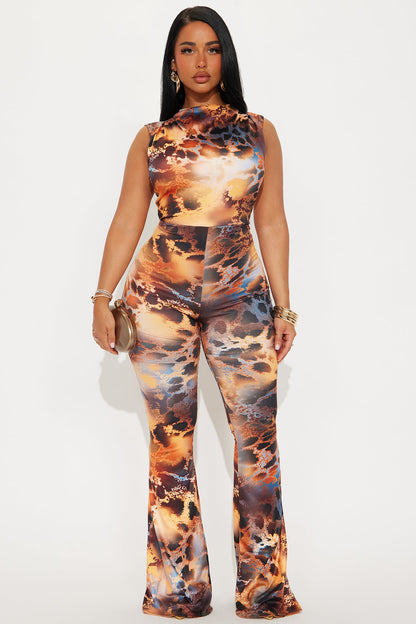 Juniper Leopard Flare Leg Jumpsuit - Orange/combo