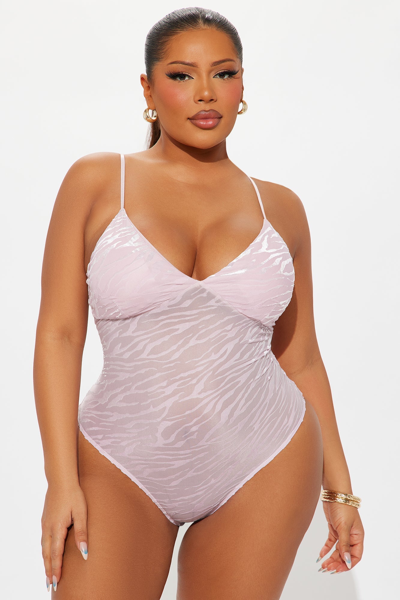 Deep Reveal Flocked Mesh Bodysuit - Pink