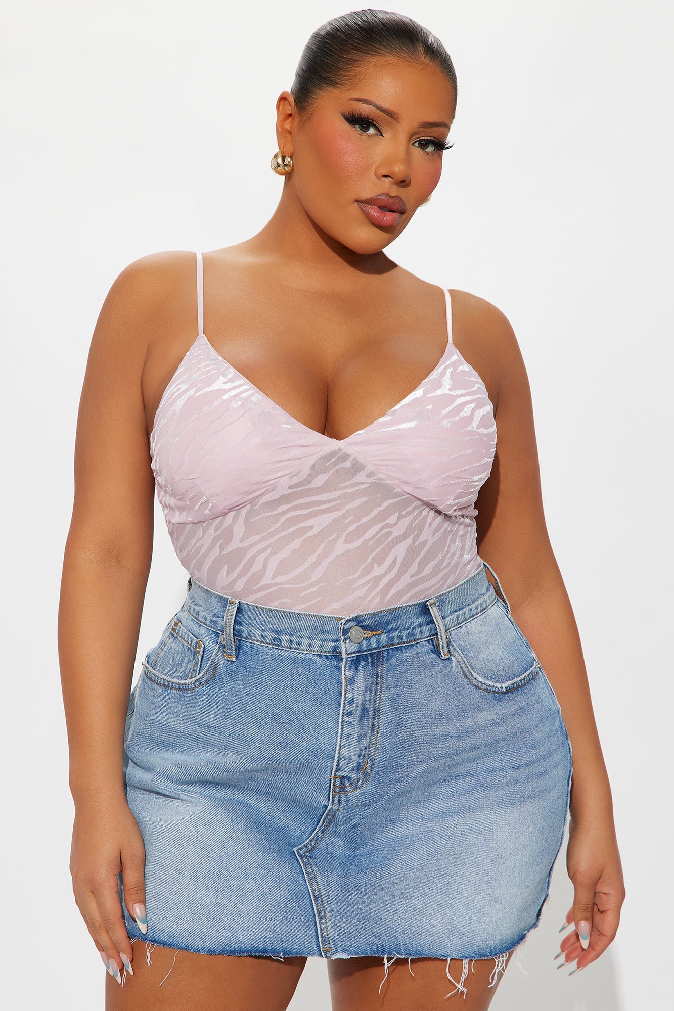 Deep Reveal Flocked Mesh Bodysuit - Pink